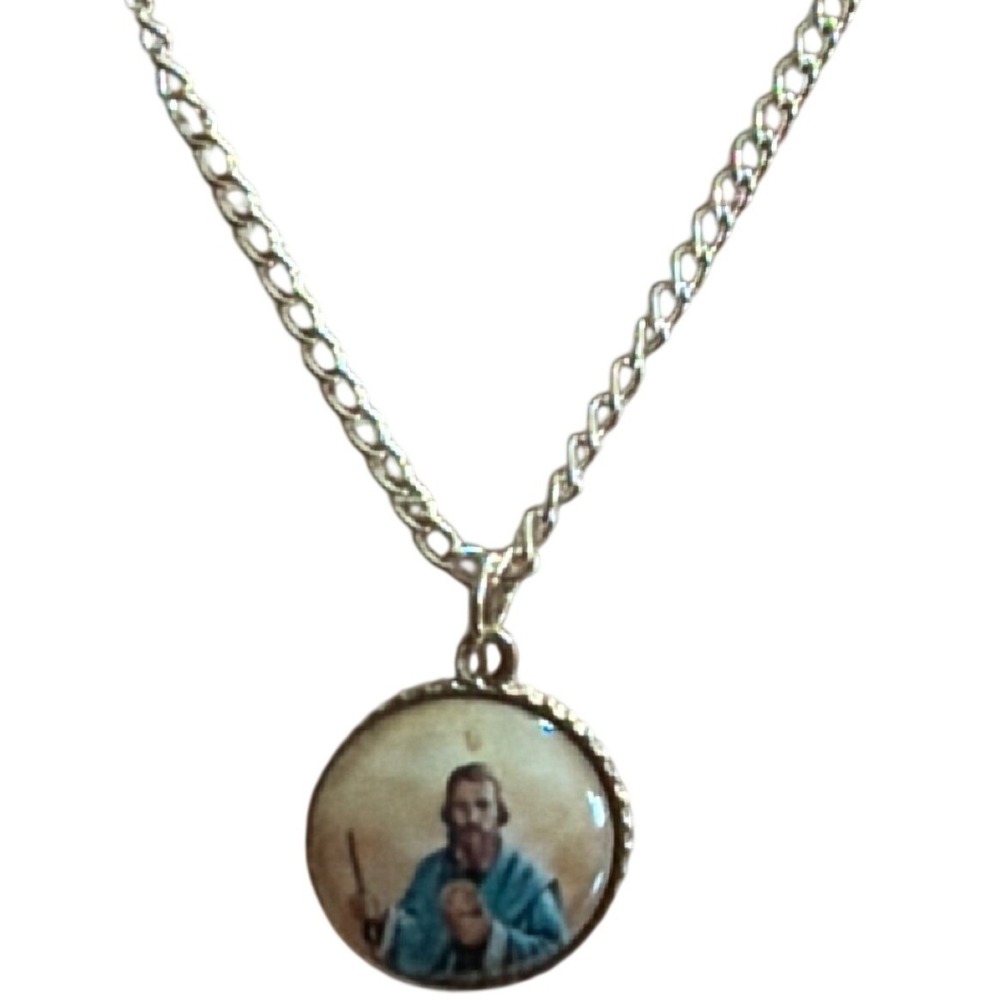Saint Jude Thaddeus Religious Medallion Necklace Gold Tone Jesus Double Sided